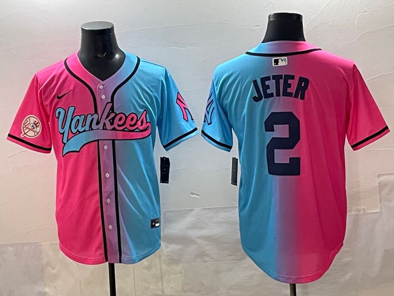Men New York Yankees #2 Jeter Blue pink Game 2025 Nike MLB Jersey style 006